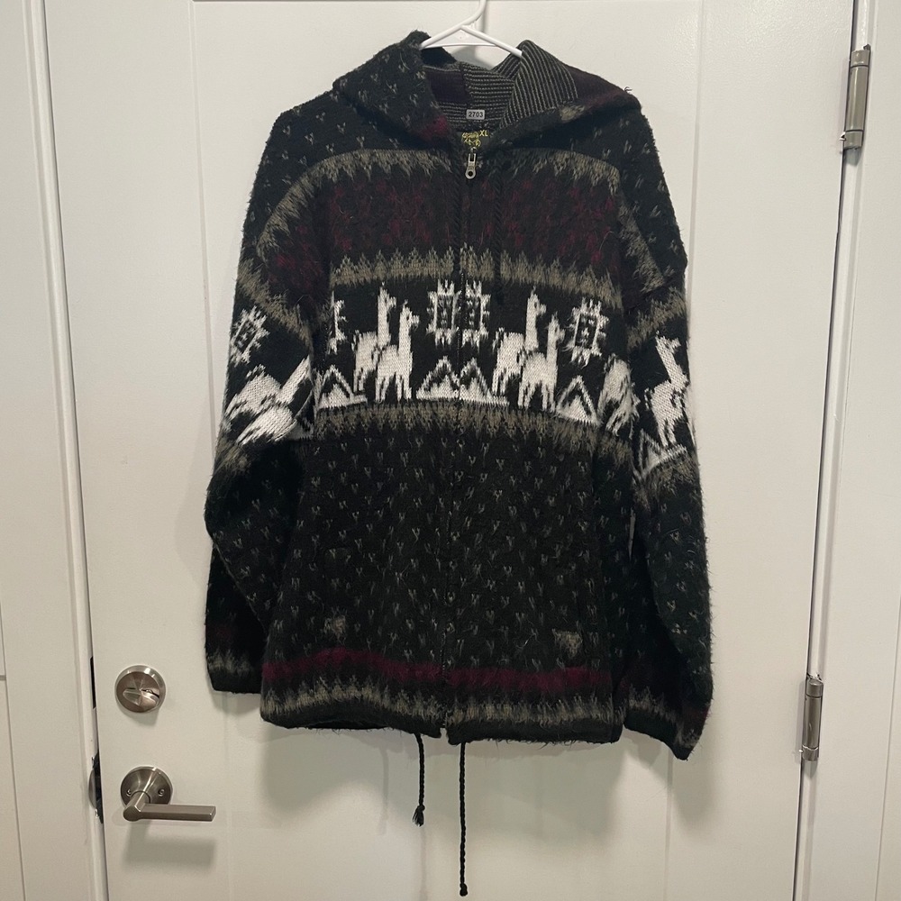 Tejidos Ruminahui Llama Intarsia Knit Hooded Full Zip Sweater Mens XL Black Gray